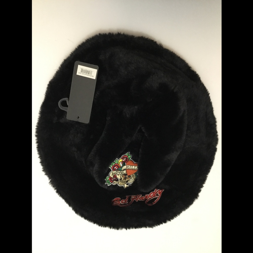 Ed Hardy Black Faux Fur Bucket Hat